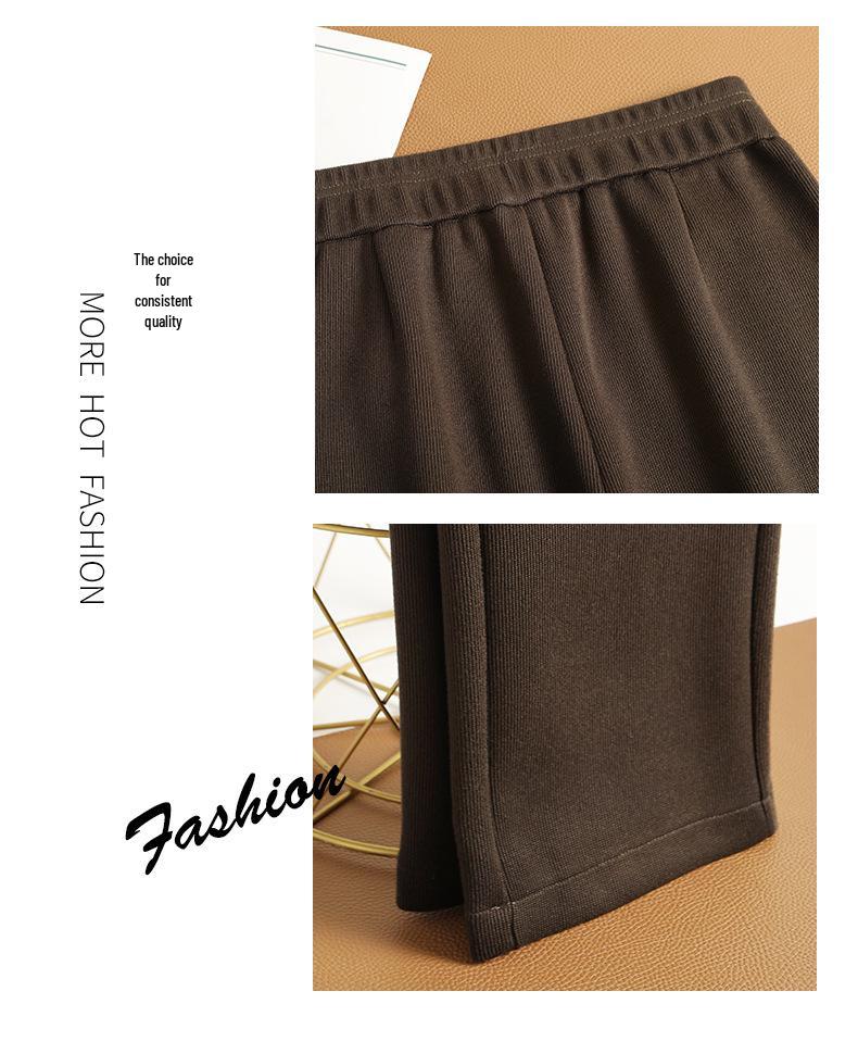 Dámské kávově hnědé pruhované tvídové kalhoty s vysokým pasem, fleecovou podšívkou a rovnými nohavicemi pro volný čas