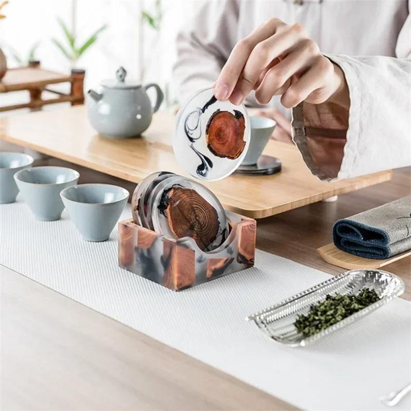 6 Pieces/set of Creative Resin Pine Coasters Heat-resistant Beverage Pads Tea and Coffee Coasters Waterproof and Anti Slip
