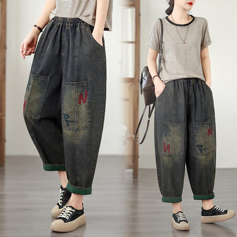 DIMANAF 2026 Summer New Plus Size Women Jeans Elastic Waist Vintage Print Long Pants Loose Casual Denim Cotton Trousers Pants