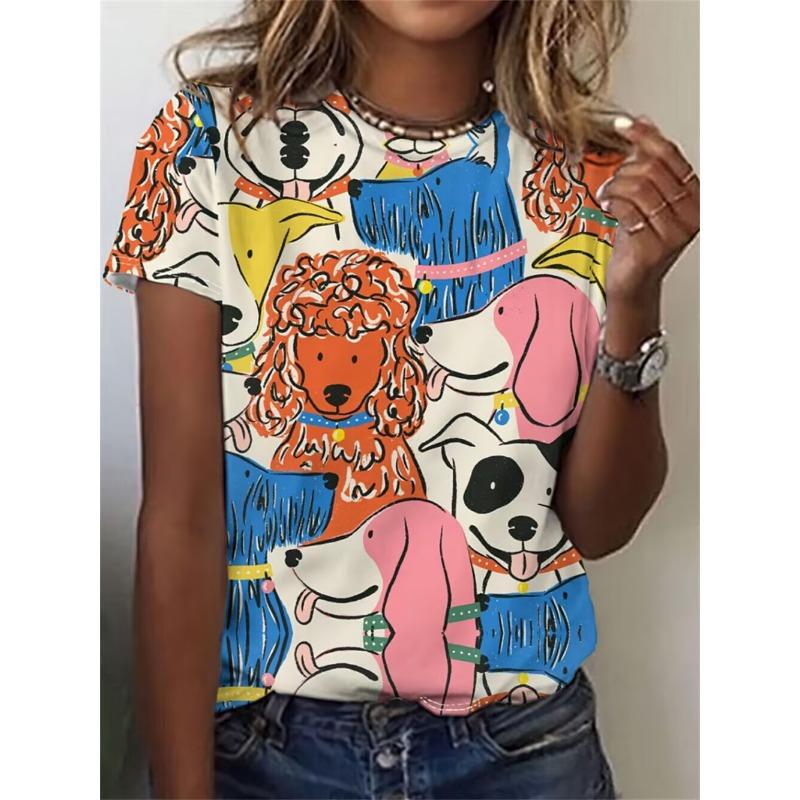 Summer women's dog cartoon animal round neck short sleeved T-shirt