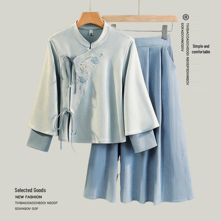 Chinese Retro Wisteria Embroidered Tang Suit Hanfu Cheongsam Top Tea Set