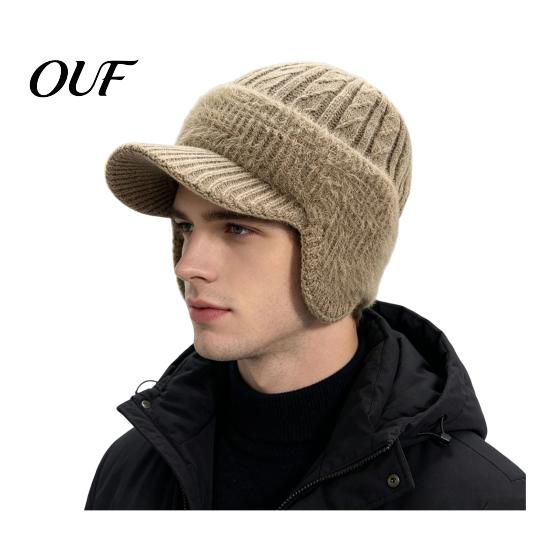 Warm Stretchy Visor Cap Winter Hat with Brim And Ear Flaps, Fleece Lined Knitted Hat, Sports for Hiking Fuzzy Men, Cold Weather Outdoor Cycling