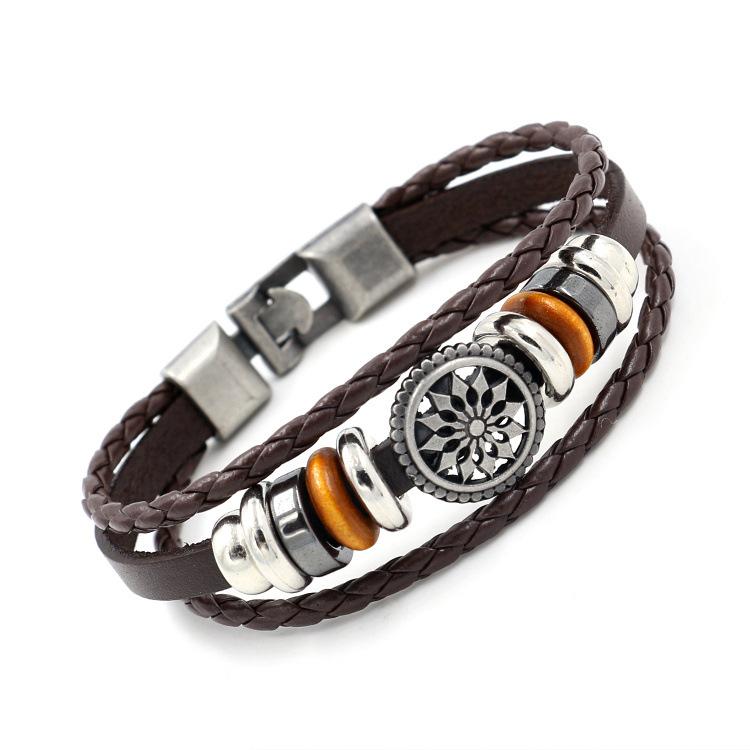Vintage Men Bead's Leather Bracelet Handmade Leather Cuff Bracelet Punk Style Leather Wrap Wristband for Men