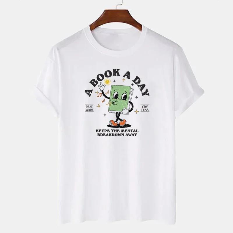 A Book A Day Womens Cute Cartoon Bookworm Tshirt Fun Bookworm Tshirt Retro Reading Pattern Tshirt Womens Bookish Top Y2K S