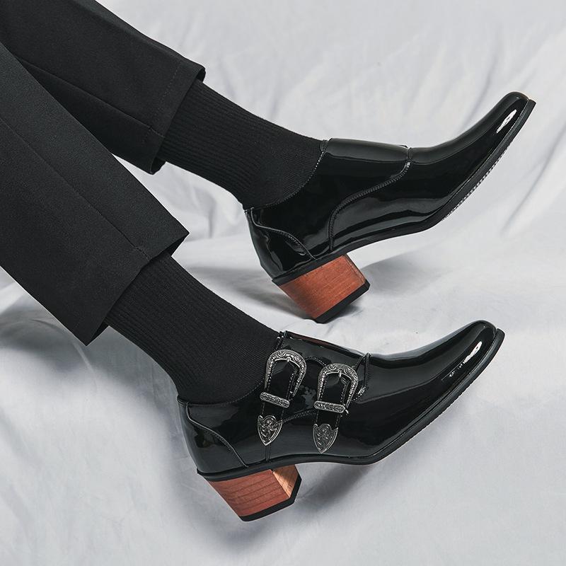 Spring New High-heeled Pointed Leather Shoes 2025 Large Size Dress Casual Shoes Fashion Patent Leather Heightening Men's Shoes