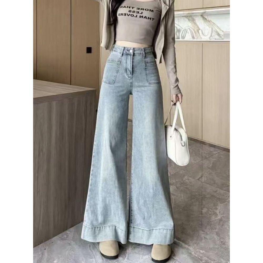 Hong Kong Style Petite Women’s Light-Wash Loose Straight-Leg Jeans – Stylish Wide-Leg Floor-Length Denim Pants