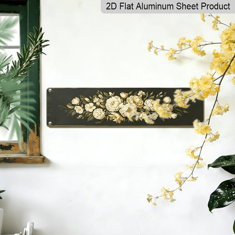 2D Flat - A Rustic Aluminium Decorative Sign Featuring A White Floral Bouquet On A Dark Background, Designed In A Vintage Garden Style. Perfect for