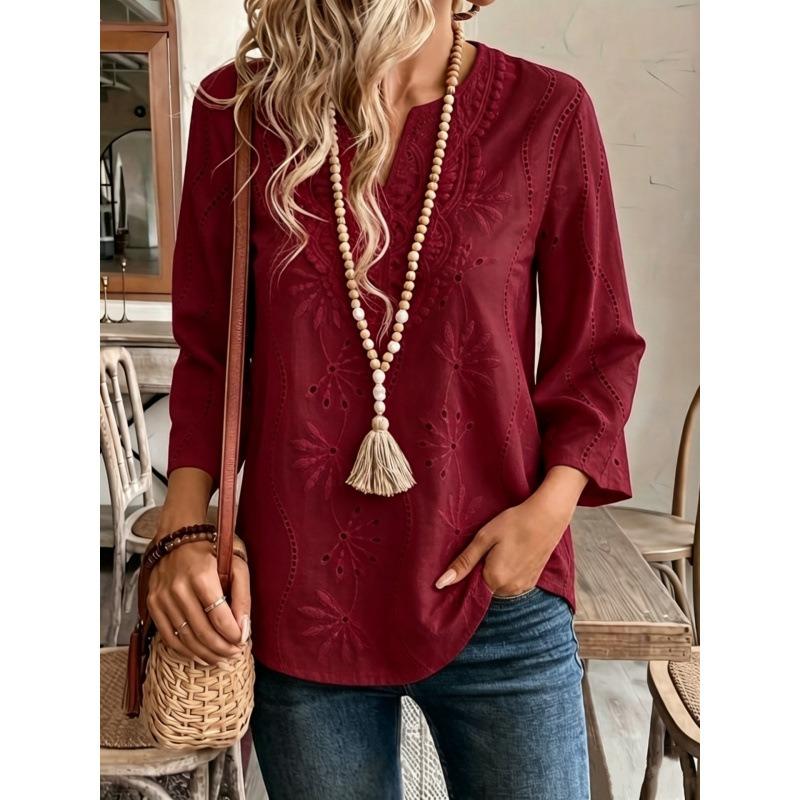 IHUASU Women's Fashion Casual Solid Color Print Long Sleeve V Neck Blouses & Shirts
