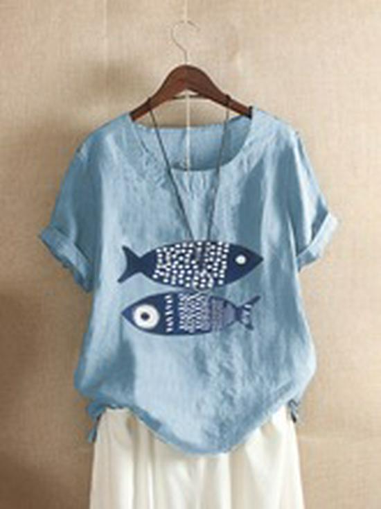 2026 Spring/Summer Printed Loose Fit Plus Size Women's Short Sleeve Pullover Shirt
