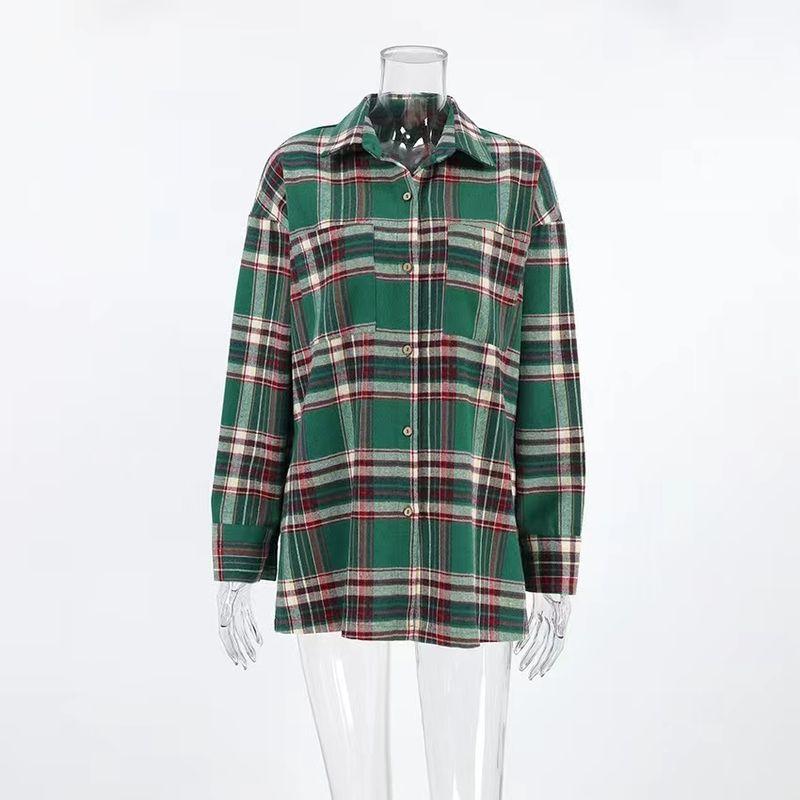 

Европейская и американская мода Кардиган Клетчатый лацкан Свободные рубашки Клетчатый лацкан Рубашка свободного кроя Plaid S