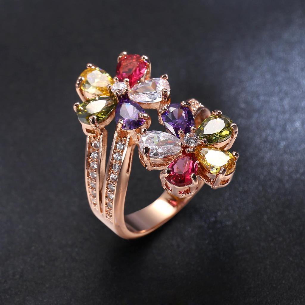 European & American Fashion Women's Colorful Zircon Flower Ring