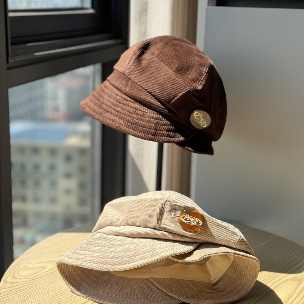New Korean Purchasing Dongdaemun Corduroy Double Layer Corduroy Fisherman Hat Woolen Big Head Circumference Showing Face Small Basin Hat
