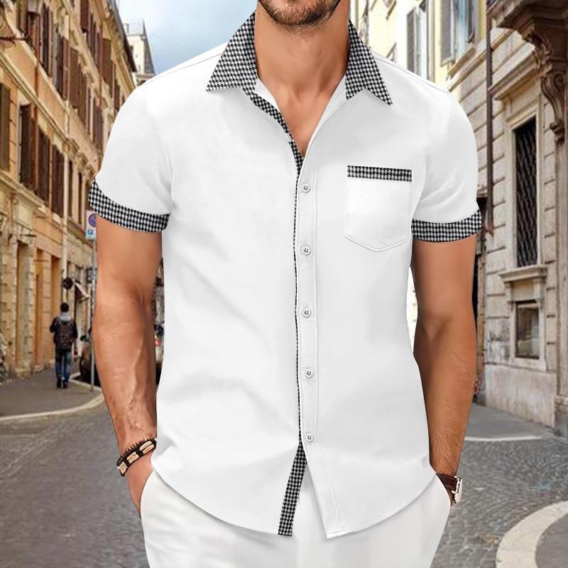 Mens Casual Houndstooth Contrast Trim Short Sleeve Button Down Shirt S белый