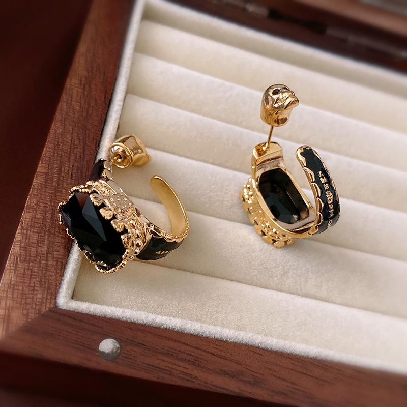 Retro Dunkel Künstlicher Kristall Quadrat Sterling Silber Vergoldet Ohrringe - High-End Fashion Statement für Frauen