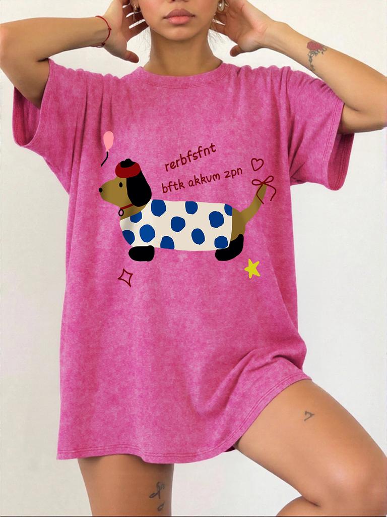 Dachshund Printing Washed TShirts Womens Cotton Short Sleeve Tops Hip Hop ONeck Oversized T Shirt Summer Comfortable Clothes