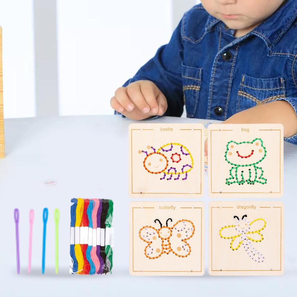 Dřevěná navlékací hračka Kreslený vzor Navlékání Dětské vyšívací puzzle Sada Aktivní deska Navlékací aktivita Vzdělávací hračky Dárek pro děti