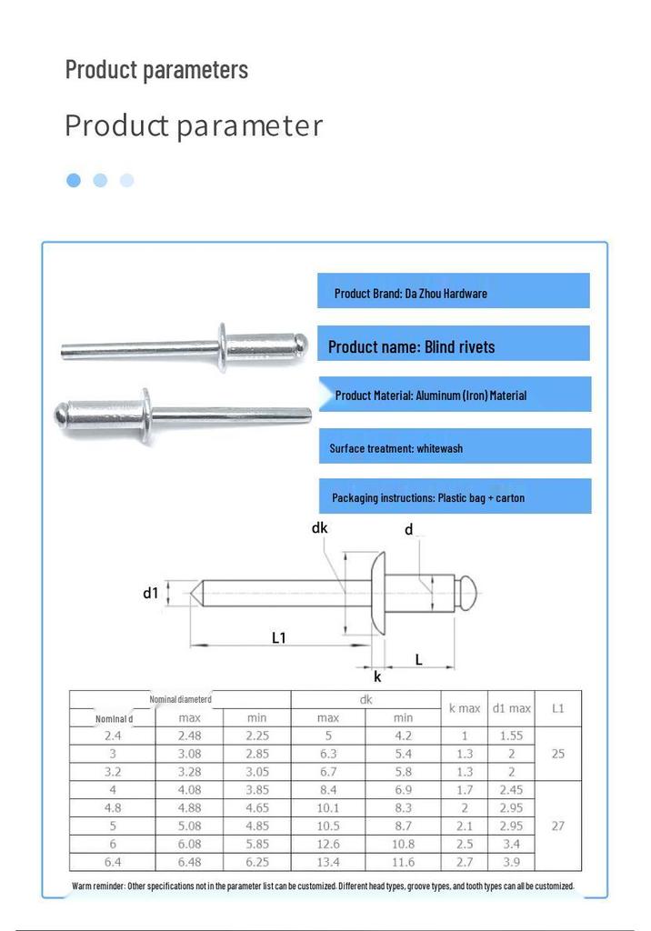 Aluminum & Iron Open Type Blind Pop Rivets with Flat Round Head