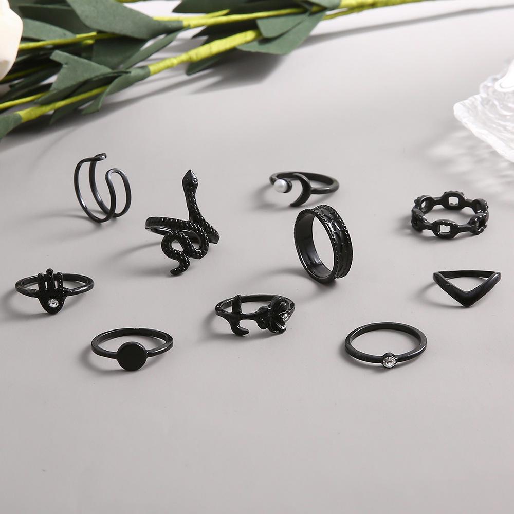 10-teiliges Exotisches Schlangenförmiges Perlen- & Roségoldenes Ring-Set mit Mikro-Eingesetzten Diamanten für Damen