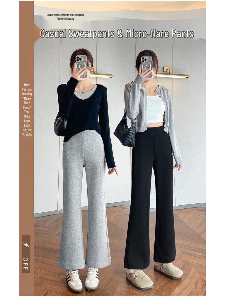 Pantalon gris taille haute petite micro-évasé – Cache-hanches, amincissant, sportif et court pour femmes en automne