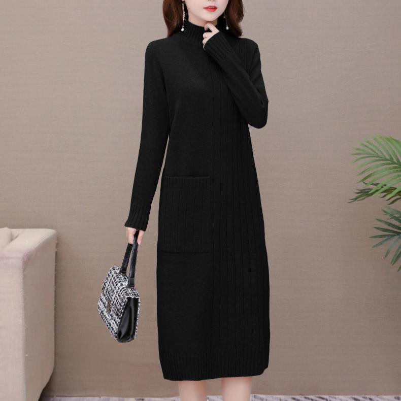 Knitted Dress for Women In Autumn and Winter Korean Style Loose Mid-length Pullover Solid Color Half Turtleneck Sweater Dress