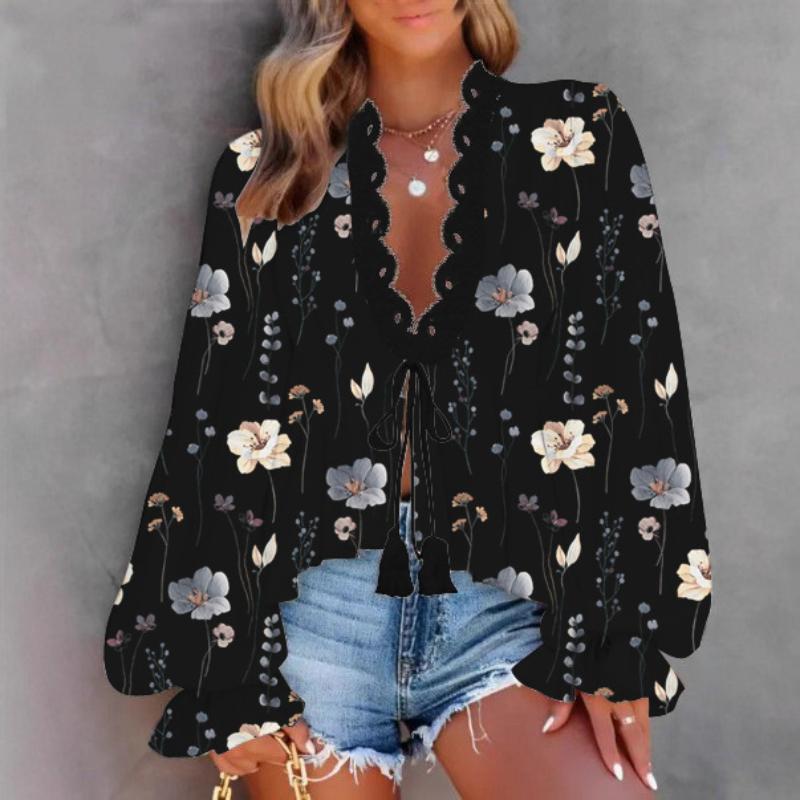 2025 Jaro a Podzim Nová Dámská Halenka s V-výstřihem, Krajkovým Všitím a Potiskem