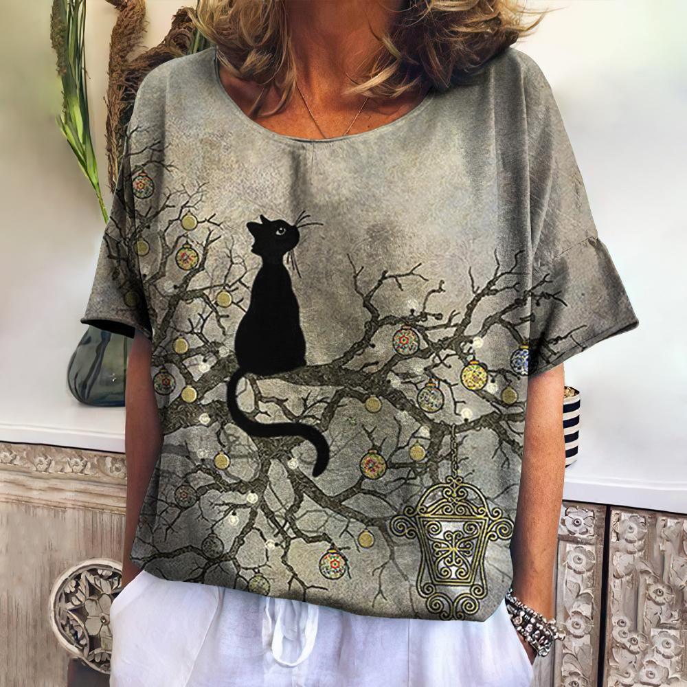 

Топ с круглым вырезом и 3D-принтом кошки Модные повседневные женские футболки с коротким рукавом - Мягкая полиэстеровая ткань средней эластичности Летняя одежда свободного кроя XS