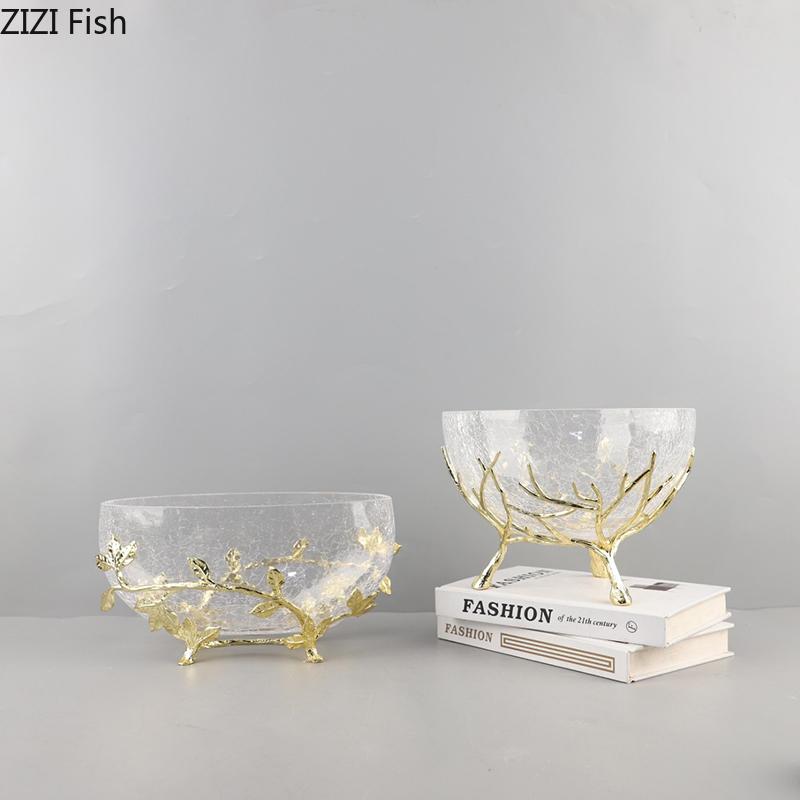 Ice Cracked Texture Fruits Bowl Golden Branches Bracket Glass Storage Tray Snacks and Nuts Bowl Home Kitchen Dessert Cutlery