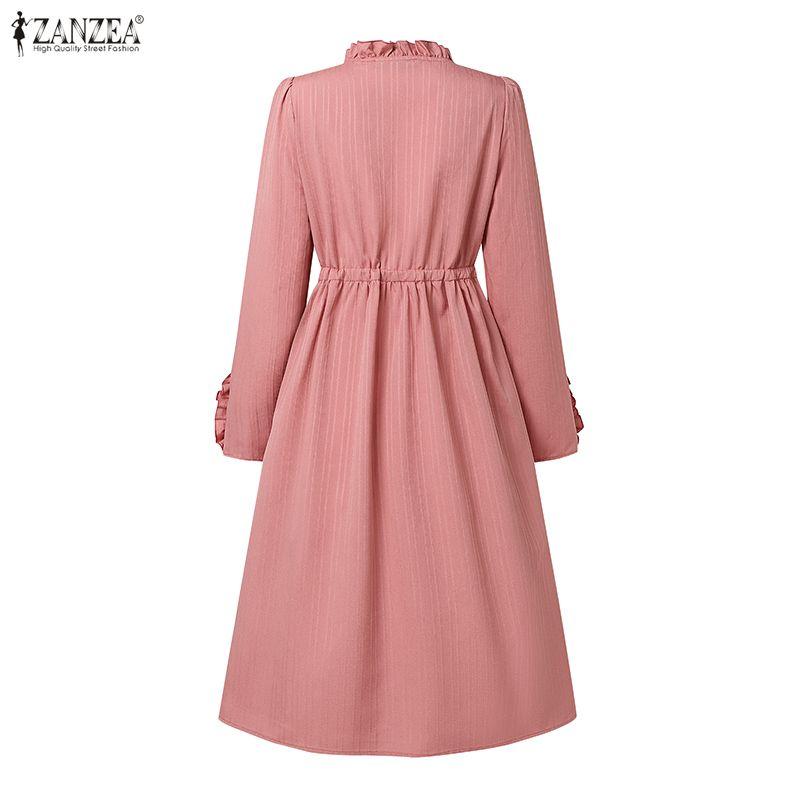 ZANZEA Lässiges, einfarbiges, langärmeliges Kleid mit Rundhalsausschnitt für Damen