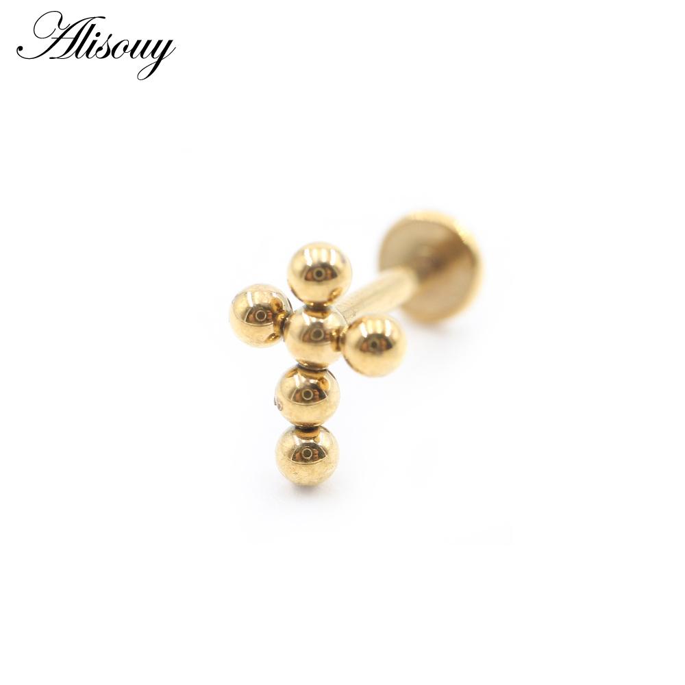 Alisouy 1PC Stainless Steel Cross Ball Threaded Ear Tragus Helix Labret Lip Rings Cartilage Stud Earrings Piercing Body Jewelry