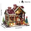 DIY Holzpuppenhaus Warme Weihnachts-Lodge Casa Figuren Miniaturen Zusammengebautes Puppenhaus mit Lichtern für Freunde Weihnachtsgeschenke