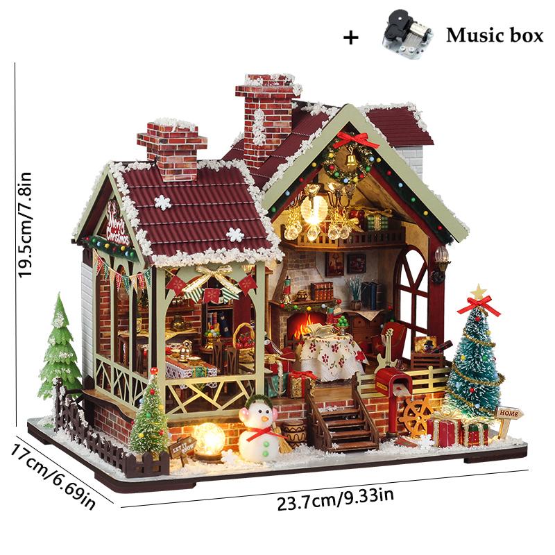 

DIY Wooden Warm Christmas Lodge Casa Doll Houses Miniature Model Kits Dollhouse with Furniture LED Lights for Friends Gifts