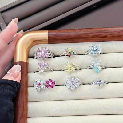 Bursting Full Of Diamonds, Flower Color Treasure, Sweet And Cool Opening Ring, Female Luxury Exquisite Niche High-End Sense Light Luxury Super Fairy