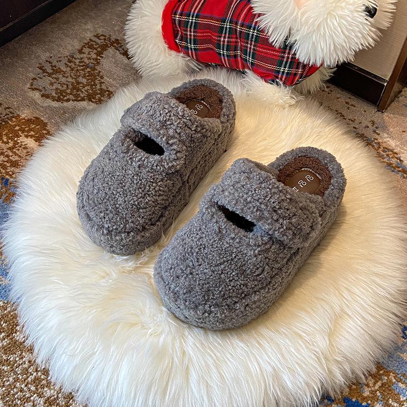 2025 autumn and winter new 7 cm thick-bottomed versatile bag head half-towed fluffy slippers women's velvet warm and comfortable cotton slippers