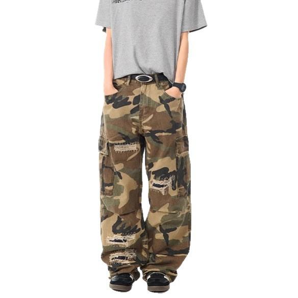 American street wash camouflage multi-pocket overalls men's trendy brand ripped patch straight pants summer casual pants