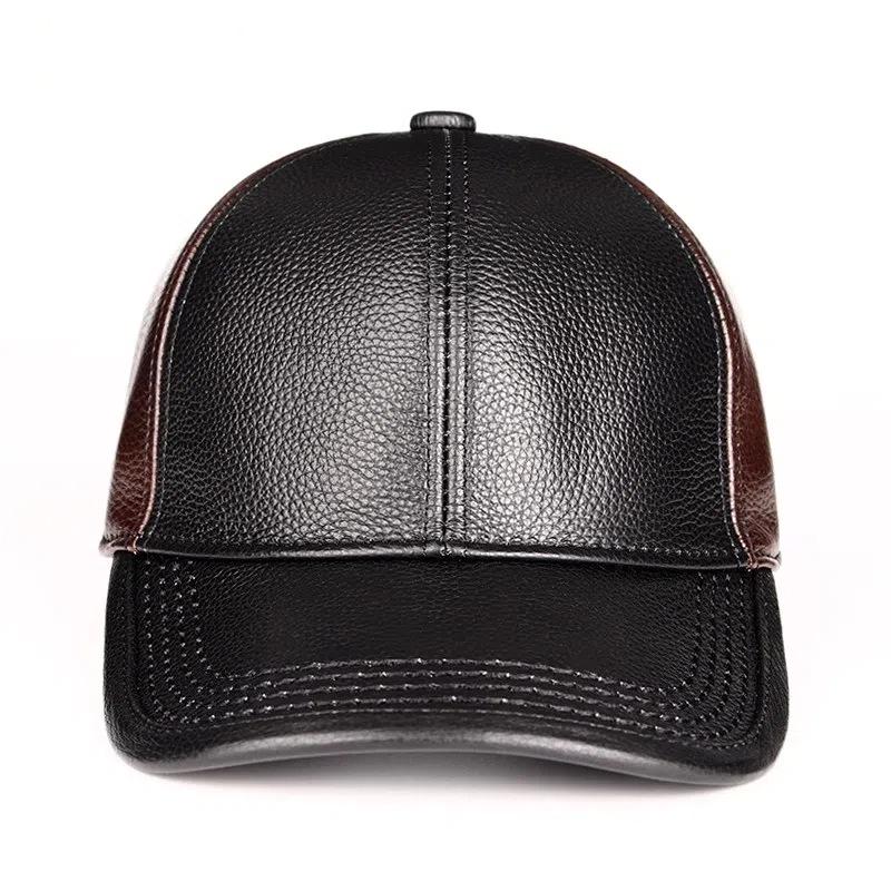 Men's Top Grain Cowhide Leather Baseball Cap - Duckbill Style for Middle-Aged & Elderly, Autumn/Winter Outdoor Fashion Dad Hat