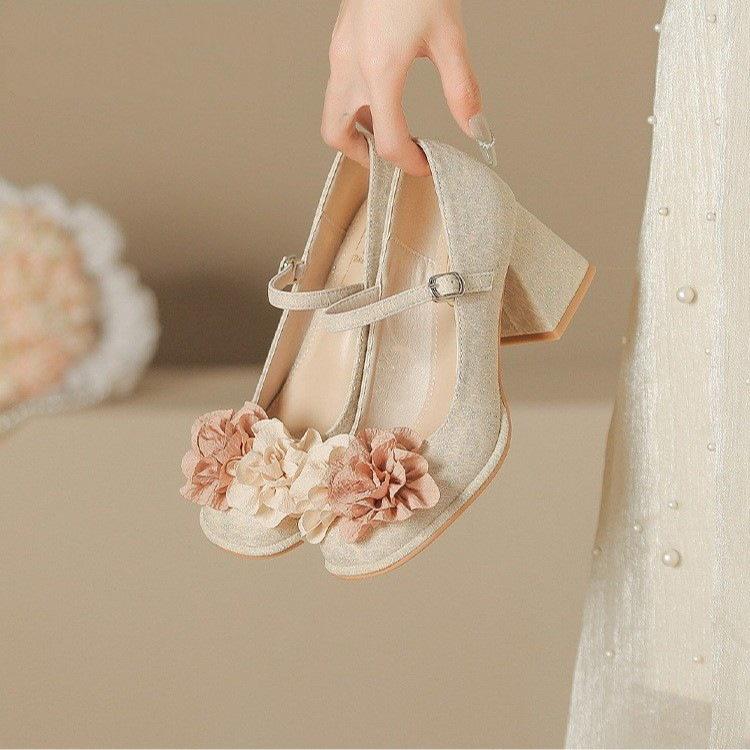 Mary Jane Shoes Women's 2025 New National Style Single Shoes Round Head with Sandals Women's Thick Heels Light Mouth High Heels Women