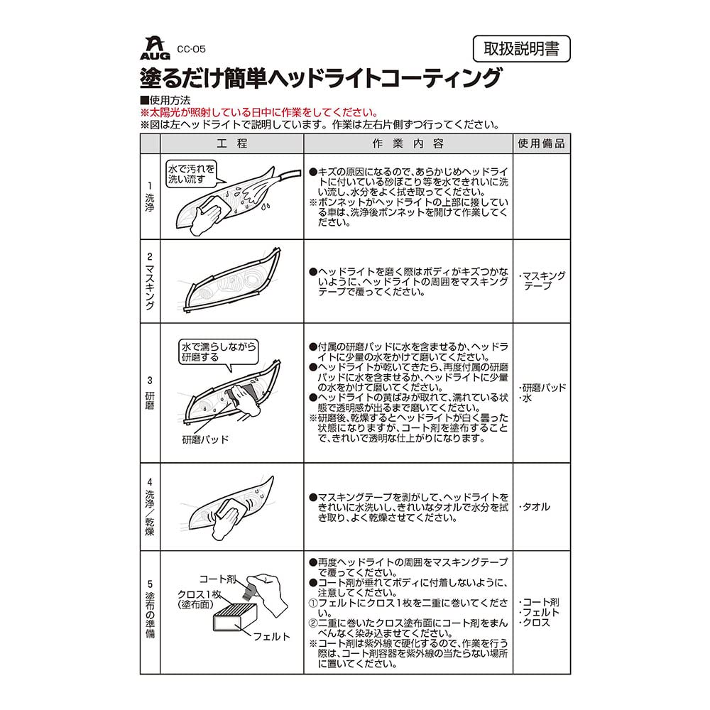 AUG CC-05 Headlight , Super Hardness Acrylic , Removing Yellowing, Special Polishing Pad Included, For Cars, Made in Japan