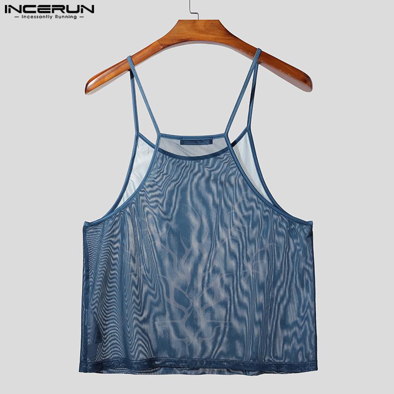 INCERUN Men Sling Sleeveless Print Mesh Sheer Tank Tops Camisole Undershirts