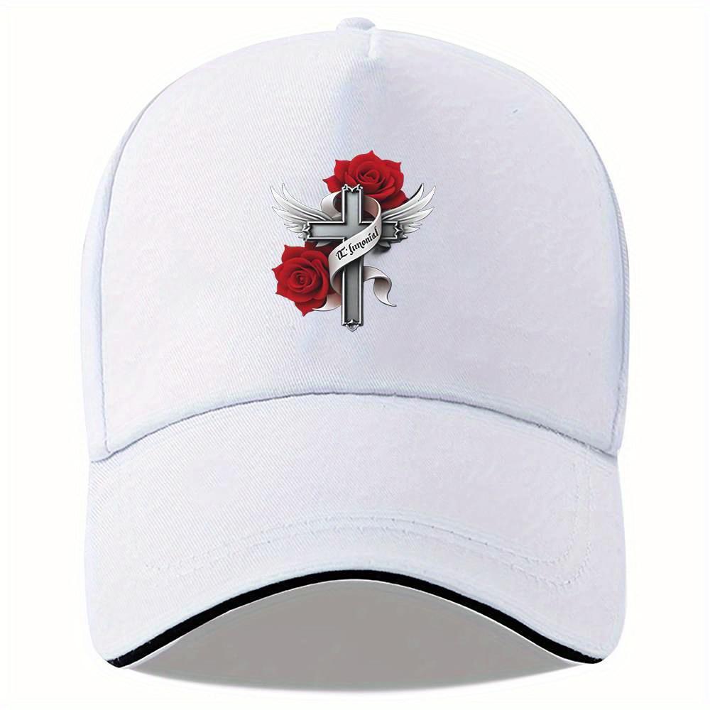 Cross Roses Wings Angel Religious Baseball Cap Polyester Adjustable Casual Hat for Adult
