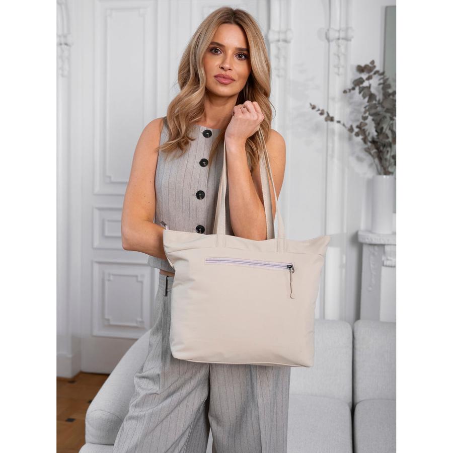 Spacious, Single-compartment Women's Shopper Bag Made of Polyester In Beige - Peterson