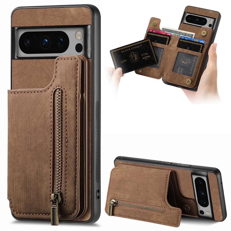 Retro Skin Wallet Back Cover for Redmi Note 13/K70/K70E/K70 Pro, for Google Pixel 9 Pro Card Slots Zipper Style case Cover