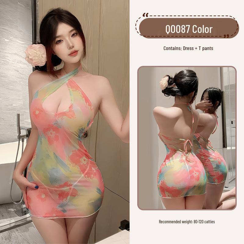 Jiuli Qingchuan Colorful Lingerie Strappy Dress: Sweet Easy-Off Temptation Pajamas with Hip-Hugging Skirt.