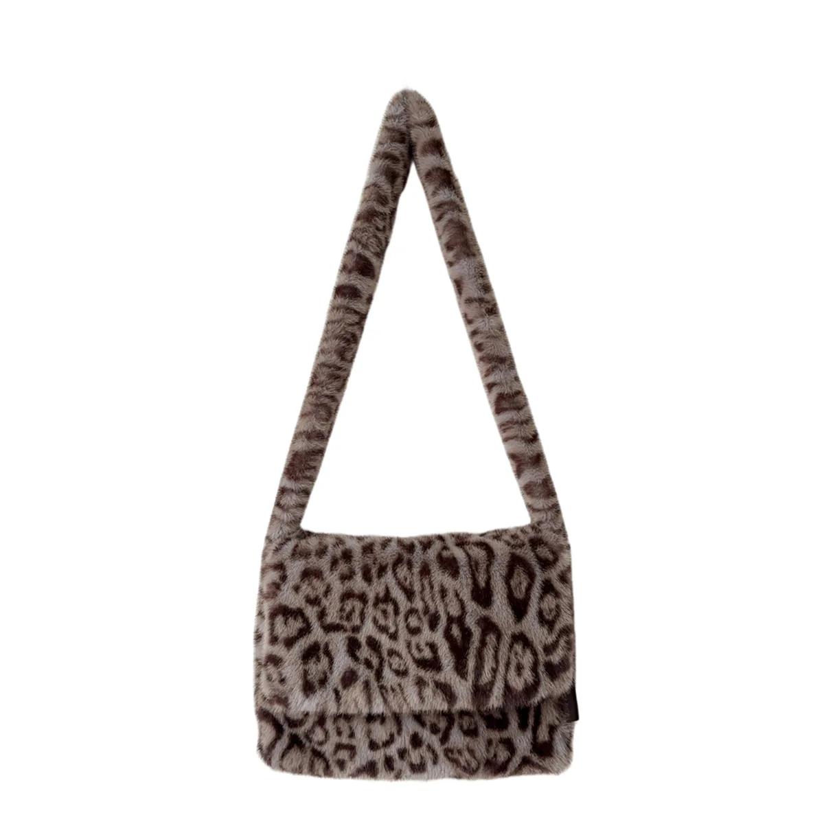 

Faux Fur Leopard Print Messenger Bags for Women Vintage Soft Plush Ladies Shoulder Bag Large Capacity Female Furry Handbags сірий колір