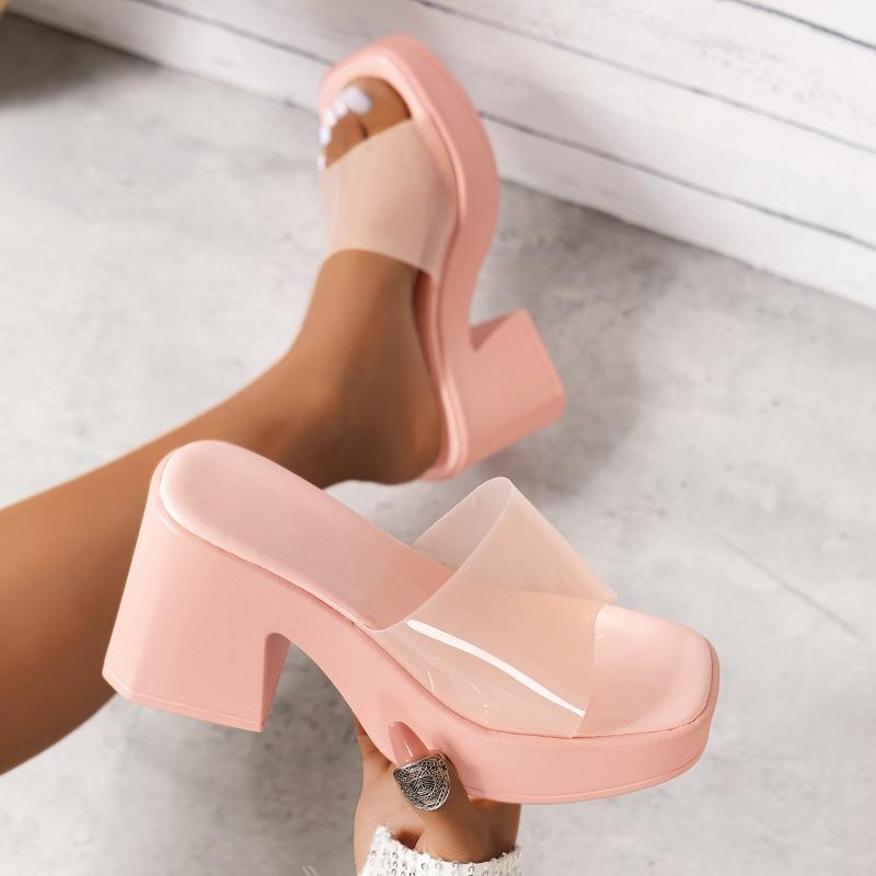 Summer New High-heeled Cool Slippers Women Wear Thick-heeled Candy Transparent Cool Slippers Square Head One-word Drag
