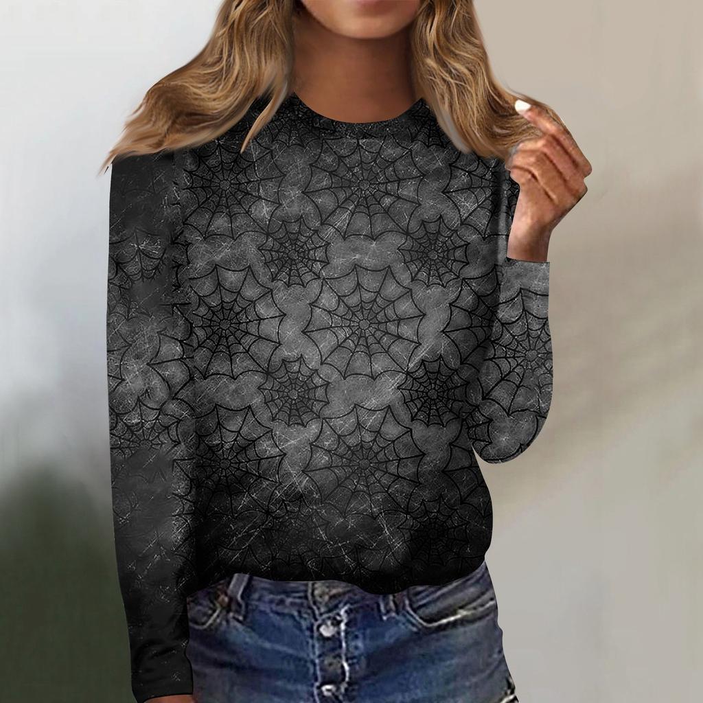 Damska bluzka z długim rękawem i dekoltem w kształcie litery "o", z nadrukiem na Halloween i nadrukiem
