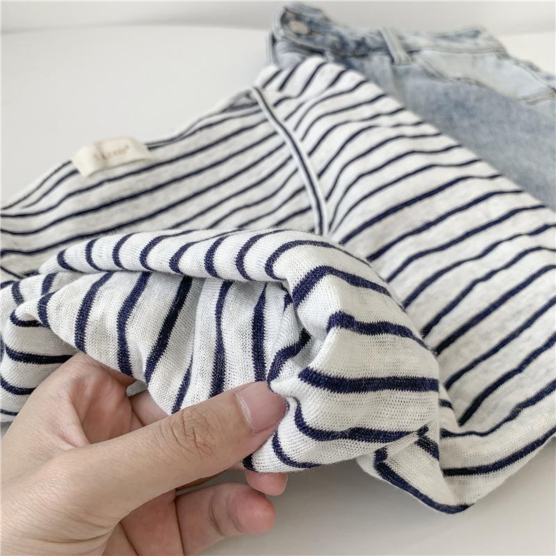 Women's Light Blue Striped V-Neck Bamboo Cotton Short-Sleeve T-Shirt - Loose Fit, Slightly Transparent