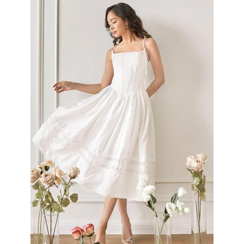 Gothic Hepburn Style French style High Sense Lace Stitching Sexy Temperament Slimming Lace-up Sling Dress Long dress