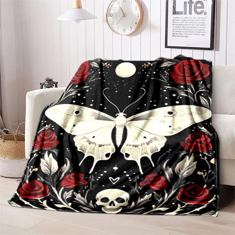 Dark Romance Butterfly Roses Blanket Sofa Blanket Camping Trip Bedroom Outdoor Plush Blanket Digital Printing