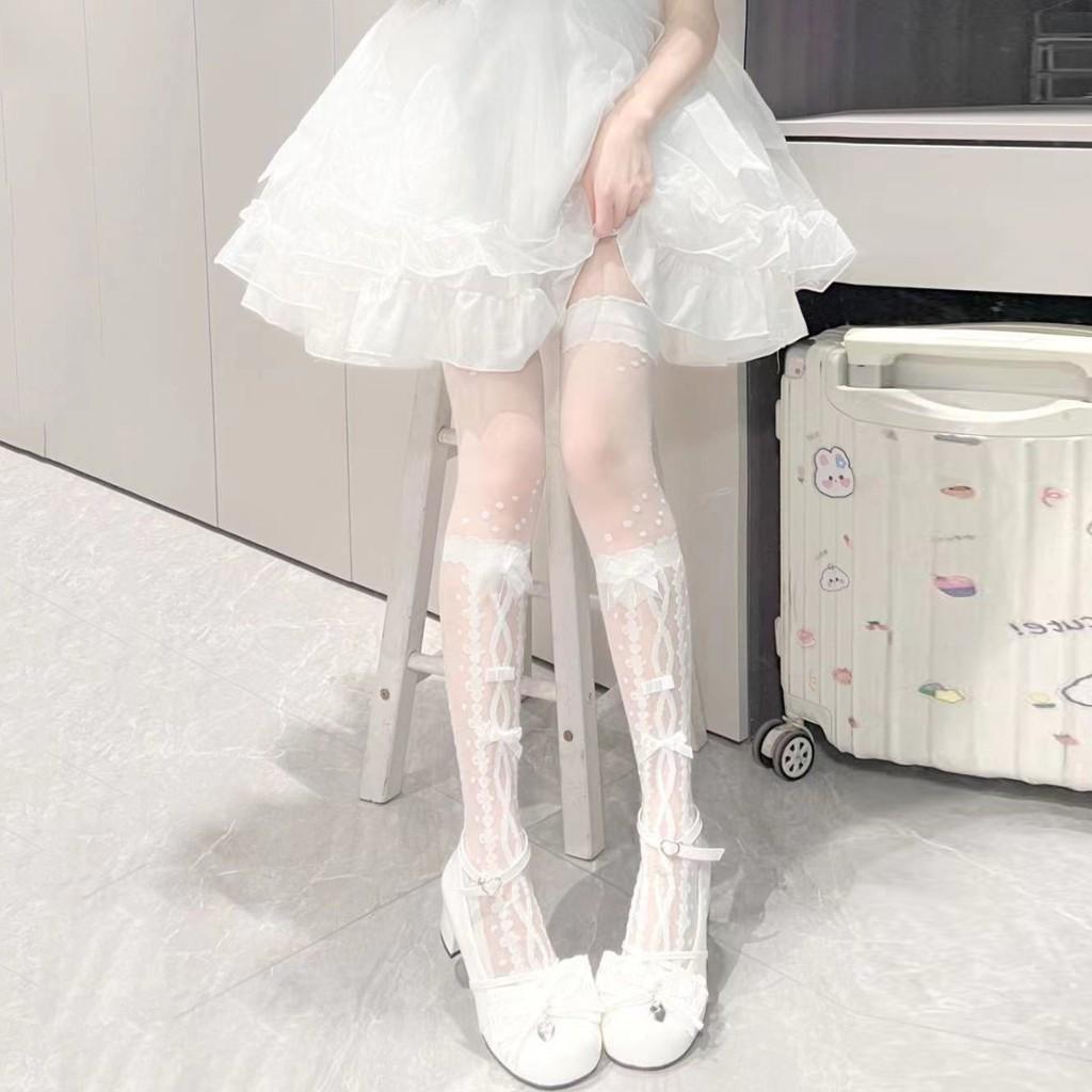 Japanese Lolita Cross Butterfly Bow Stockings With Silk Ties For Women