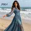 Casual Dress Women Faux Denim Maxi Dress, Mesh Patchwork Long Sleeve Button Soft Fabric Down Shirt Loose Vintage Summer Retro Style
